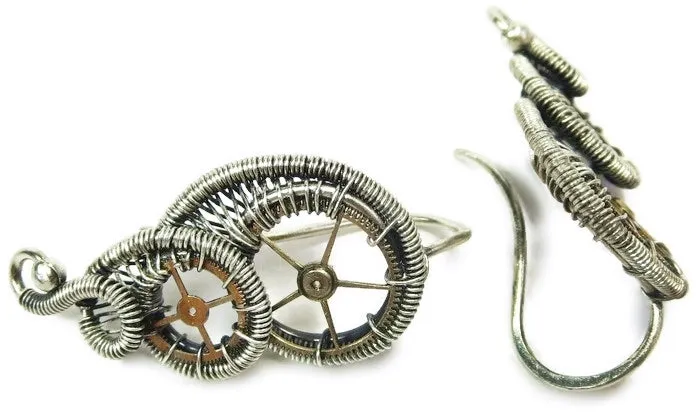 Sterling Silver Steampunk Ear Pins with Brass Watch Gears; "Rolling Wave" Model