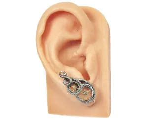 Sterling Silver Steampunk Ear Pins with Brass Watch Gears; "Rolling Wave" Model