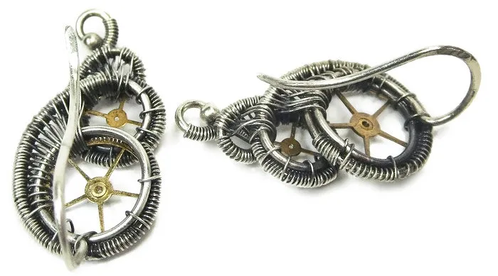 Sterling Silver Steampunk Ear Pins with Brass Watch Gears; "Rolling Wave" Model