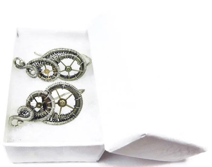 Sterling Silver Steampunk Ear Pins with Brass Watch Gears; "Rolling Wave" Model