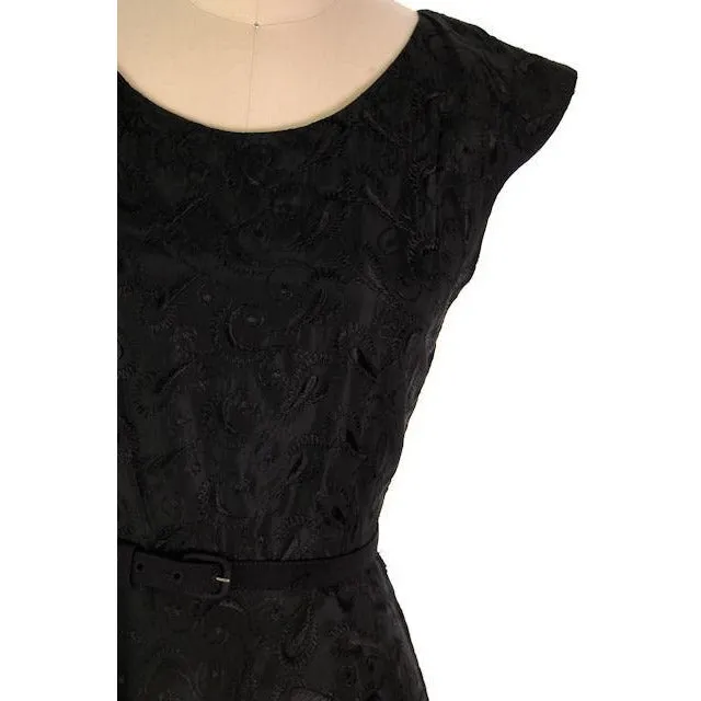 Vintage Black Embroidered Taffeta Party Dress Full  Skirt 1950s 36-27-Free