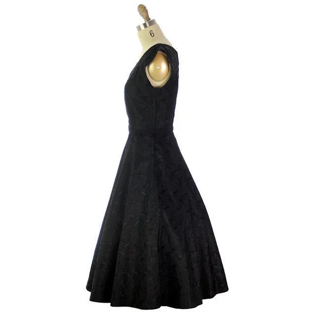 Vintage Black Embroidered Taffeta Party Dress Full  Skirt 1950s 36-27-Free