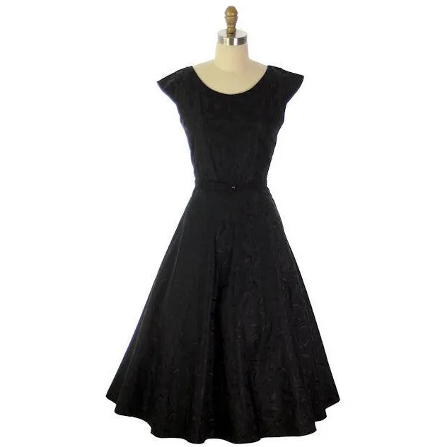 Vintage Black Embroidered Taffeta Party Dress Full  Skirt 1950s 36-27-Free