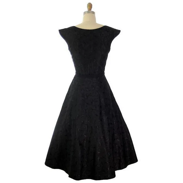 Vintage Black Embroidered Taffeta Party Dress Full  Skirt 1950s 36-27-Free