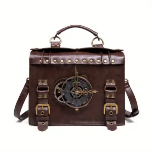 Vintage Steampunk Gear Shoulder Bag - Unique Punk Style PU Leather Messenger Crossbody Bag with Adjustable Strap and Industrial Retro Design Elements