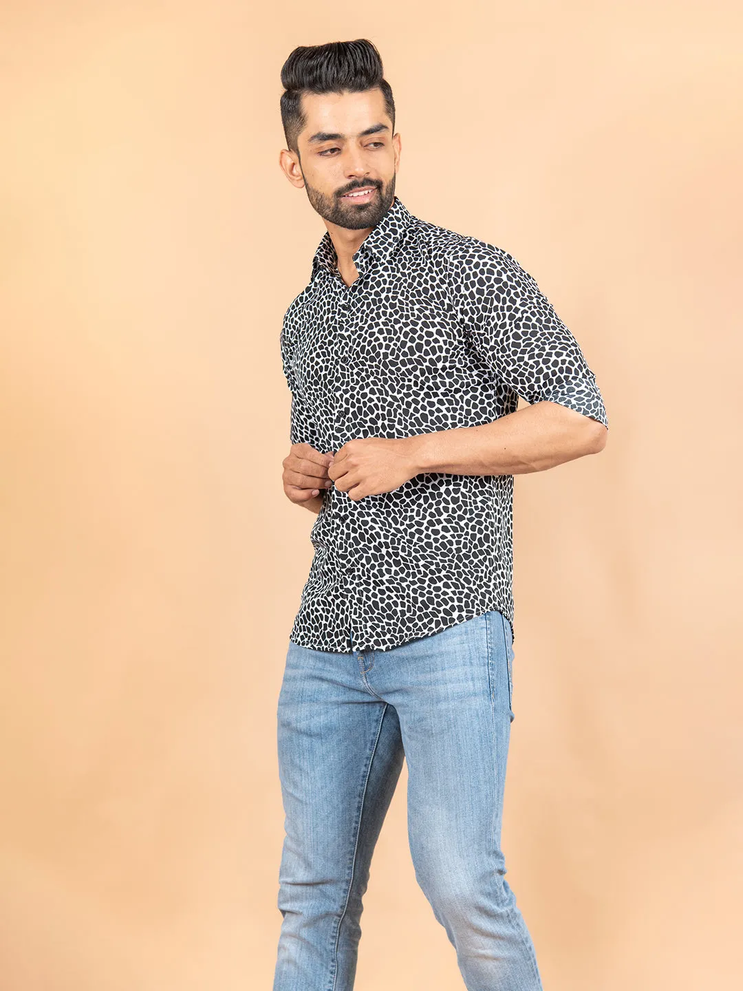 White & Black Printed Crepe Shirt