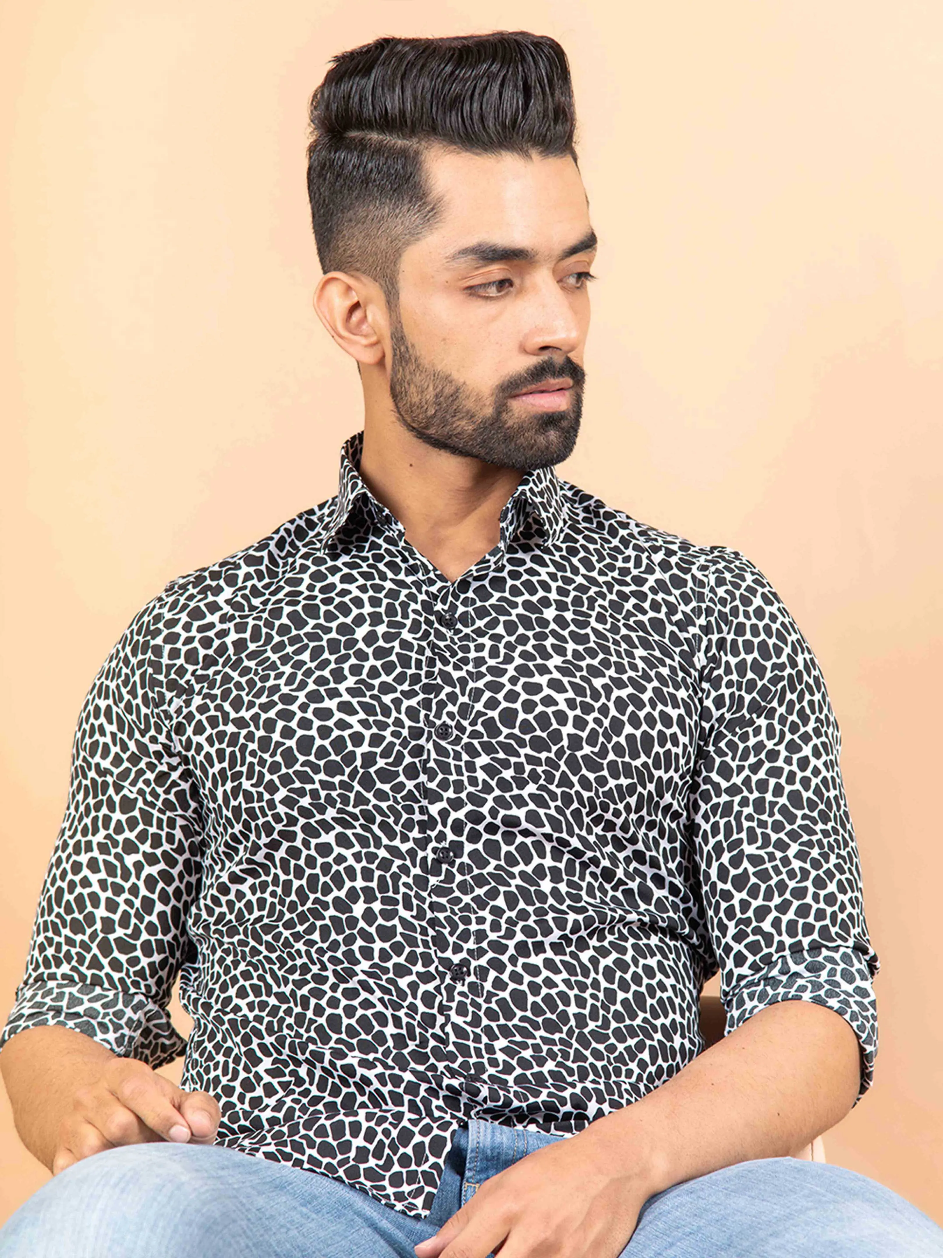 White & Black Printed Crepe Shirt