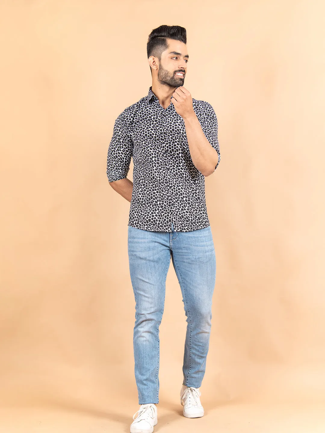 White & Black Printed Crepe Shirt