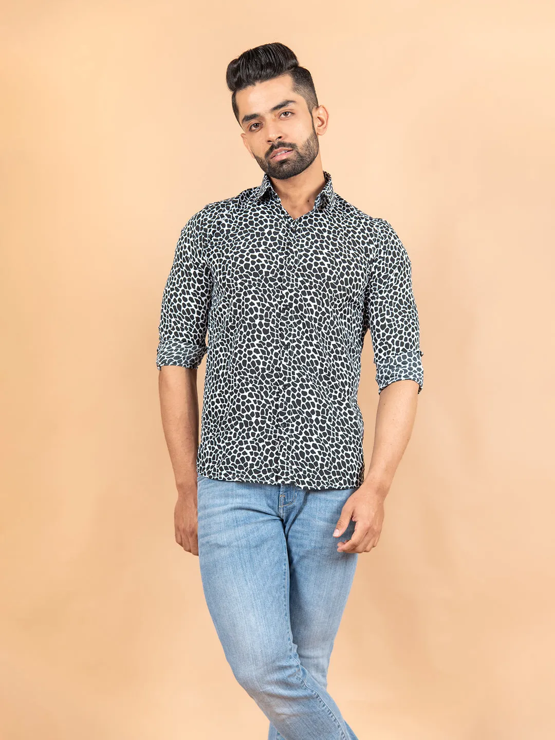 White & Black Printed Crepe Shirt