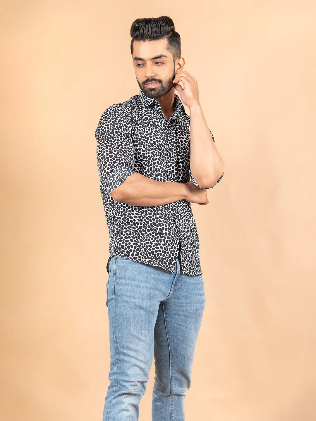 White & Black Printed Crepe Shirt