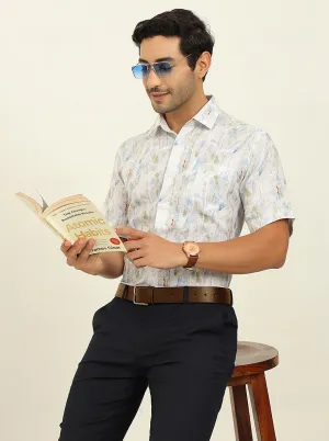 White Base Multi Printed Regular Fit Formal Shirt | JadeBlue
