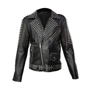 Women Gothic Punk Style Cropped Leather Jacket Studded Spike Design with Belt